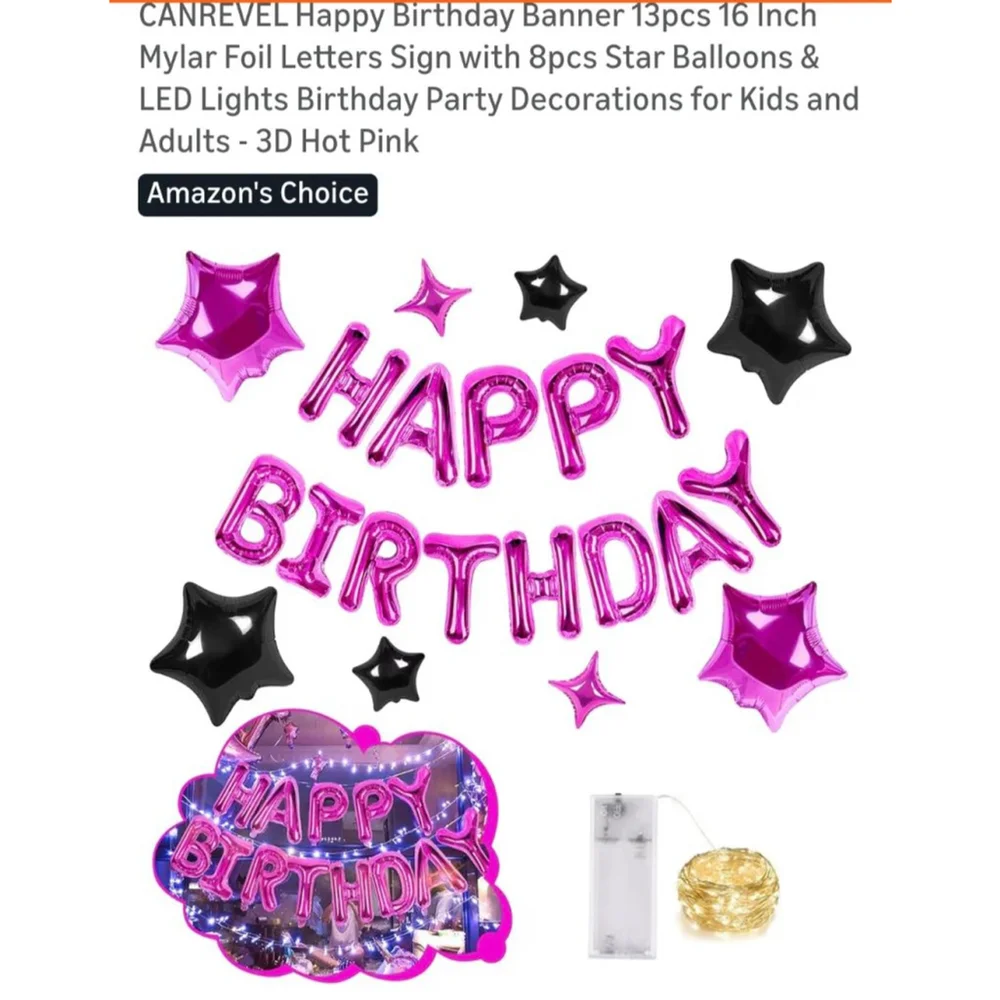 CANREVEL Pink & Black Happy Birthday‎ Banner & Star Balloons One Size